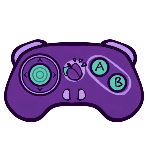  A drawing of a video game controller. It doesn’t look like any specific existing brand, but generally looks closer to a “classic” style, or pre-fourth console generation controller. It is mostly a slightly dark purple, with lavender and teal accents. It has an analog stick on the left, a logo of a plum and two small, semi-circle shaped buttons in the middle, and circular “A” and “B” buttons on the right, as well as two visible shoulder buttons, one on each side. The controller has short “thighs” or handles for ergonomics on either side. 